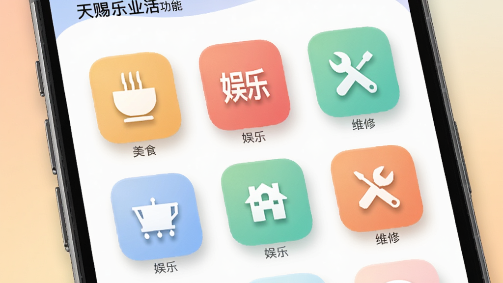 天赐乐业App的本地生活功能页面展示,主体为手机界面模型,屏幕上显示分类图标如美食、娱乐、维修,布局清晰,排版采用网格风格,背景为柔和渐变色,细节包括图标阴影和圆角,画质高清,干净无多余元素