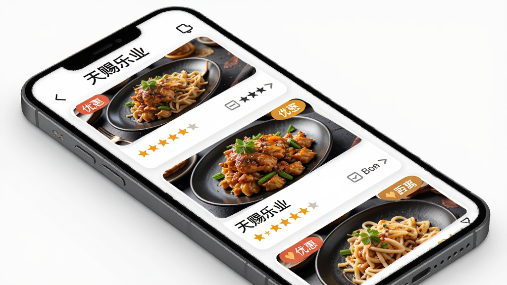 天赐乐业App美食推荐界面,主体为手机界面模型,屏幕上展示美食图片和评分信息,布局为卡片流,排版错落有致,风格清新,细节有优惠标签和距离显示,画质高清,干净无多余元素