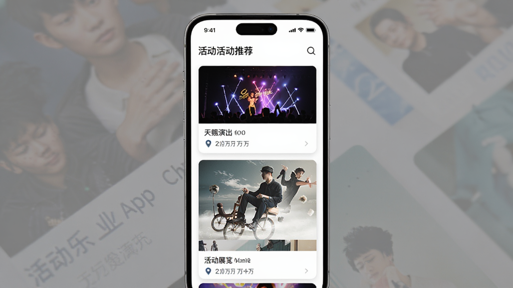 天赐乐业App活动推荐界面,主体为手机界面模型,屏幕上展示活动卡片列表,包含演出和展览图片,布局为垂直列表,排版简洁,风格现代,细节有日期和地点标记,画质高清,干净无多余元素