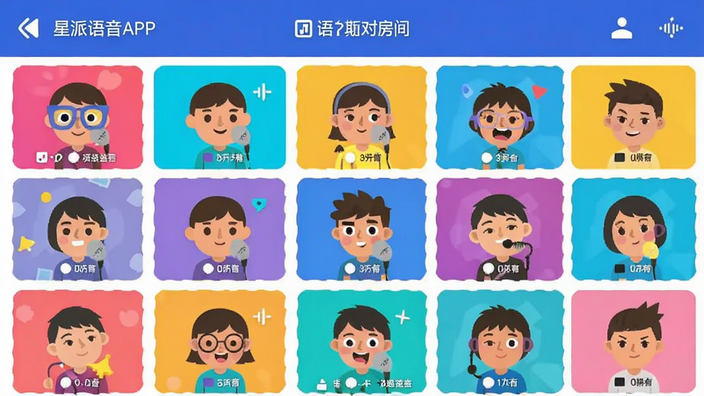 星派语音APP界面截图,展示语音派对房间列表,色彩明亮活泼,扁平化设计,干净无多余元素