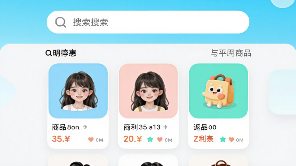 呗萌小惠应用主界面,展示多平台商品列表与返利金额,界面清爽,图标圆润,商品卡片整齐排列,上方搜索栏醒目,整体风格简约现代,色彩明亮,画质高清,干净无多余元素