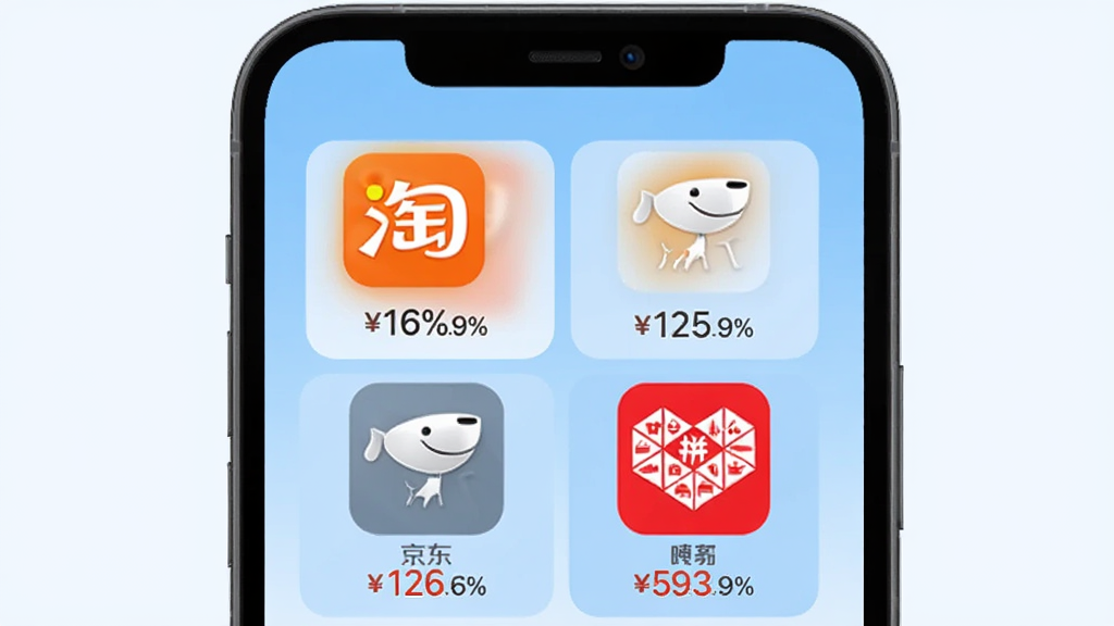 呗萌小惠的全平台聚合界面,手机屏幕中展示多个电商平台图标,如淘宝、京东、拼多多,每个图标下方显示对应返利百分比,背景为淡蓝色渐变,布局分块清晰,界面扁平化设计,画质清晰,风格简洁现代,无多余元素