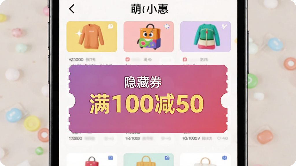 呗萌小惠展示隐藏优惠券页面,手机界面显示一张大额优惠券卡片,上面写着“隐藏券 满100减50”,背景有彩色商品图,界面简洁,重点突出优惠券金额,色彩明亮,排版清晰,画质干净,无多余文字