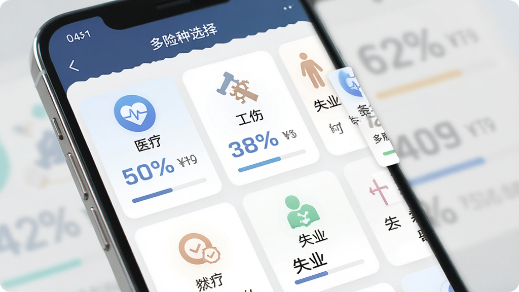 电子社保养老计算软件功能展示,主体为手机端多险种选择界面,布局采用卡片式排列,排版突出“医疗”“工伤”“失业”等图标,风格简约商务,细节包括进度条和百分比数据,画质清晰,无多余元素