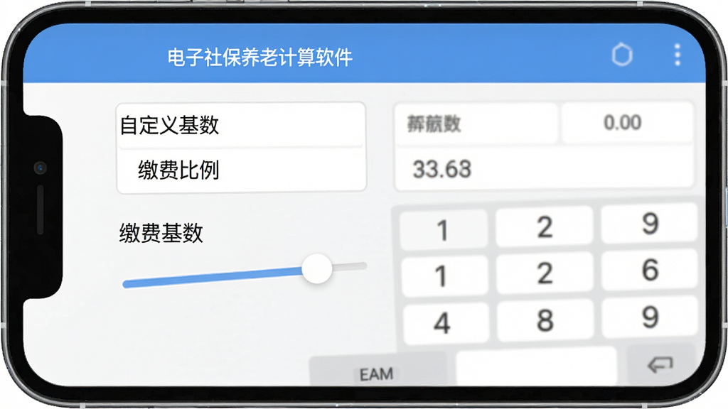 电子社保养老计算软件界面,主体为手机屏幕展示参数输入框,布局简洁清晰,排版突出“自定义基数”“缴费比例”等文字,风格扁平化,细节包括滑动条和数字键盘,画质高清,干净无多余元素