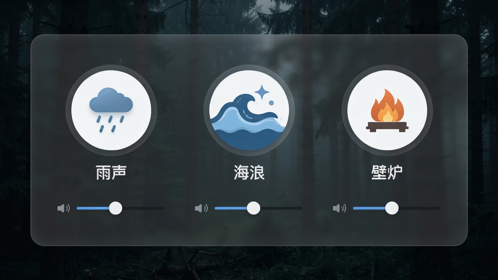 Quiet 白噪音混音界面,上方展示“雨声”“海浪”“壁炉”三个圆形声源图标,每个图标下方带音量滑条,背景为暗色森林图片,半透明毛玻璃面板,现代简约UI设计,细节精致,画质清晰,无多余元素