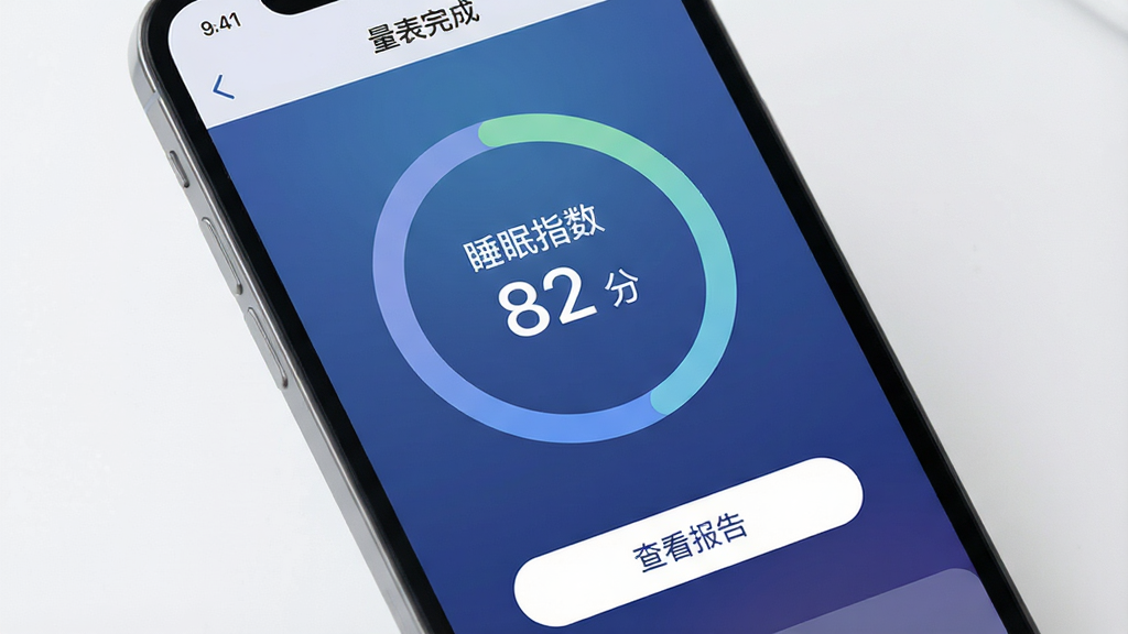 Quiet 软件睡眠评估界面,手机屏幕显示量表完成后的环形得分图,背景为柔和深蓝渐变,配以浅色文字“睡眠指数 82 分”,底部有“查看报告”按钮,整体布局清爽,扁平化风格,高分辨率渲染,干净无多余元素