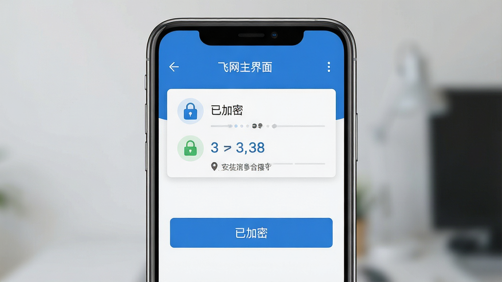 飞网主界面截图,显示网络连接状态与安全指示,简洁扁平化设计,主体为智能手机屏幕居中,布局清爽,配色以蓝白为主,风格现代,细节包括“已加密”图标与连接按钮,画质高清,干净无多余元素