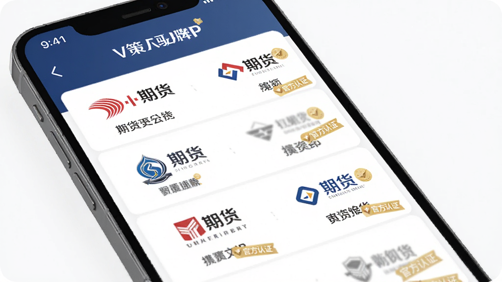 V策APP品牌入驻页面,主体为手机界面列表,布局整齐,排版简洁,展示多家期货公司logo和名称,风格商务,细节有“官方认证”标签,画质高清,无多余元素