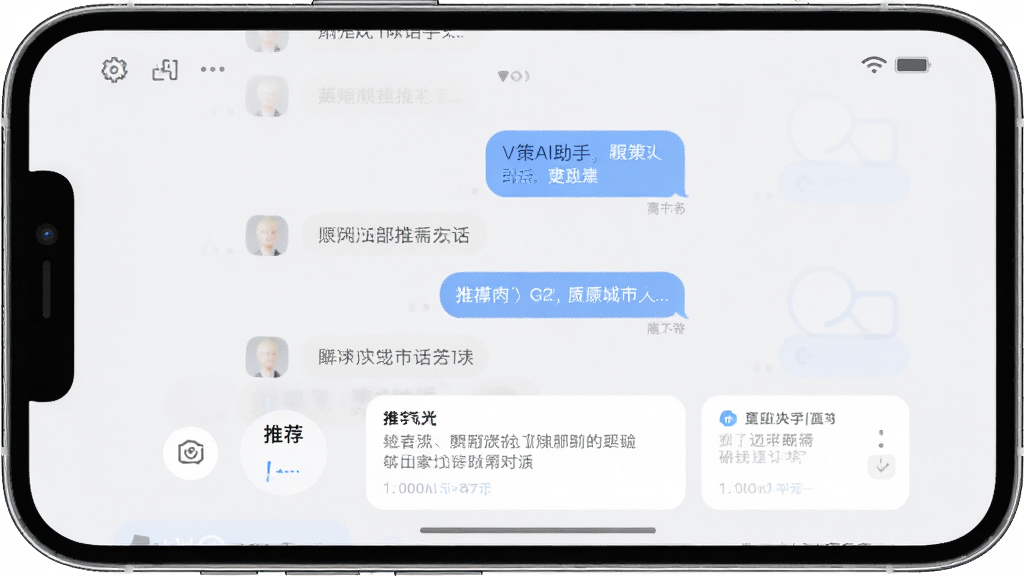 V策AI助手对话界面,主体为手机全屏截图,布局居中,排版为聊天式,风格现代简约,细节有文字气泡和推荐卡片,画质高清干净,无多余元素