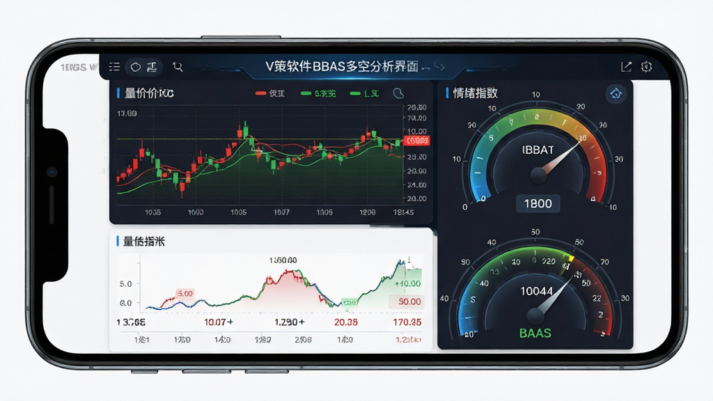 V策软件BBAS多空分析界面展示,主体为手机屏幕截图,布局居中,排版清晰,包含红绿色数据图表和情绪指数仪表盘,风格科技感,细节显示量价仓数据标签,画质高清干净,无多余元素