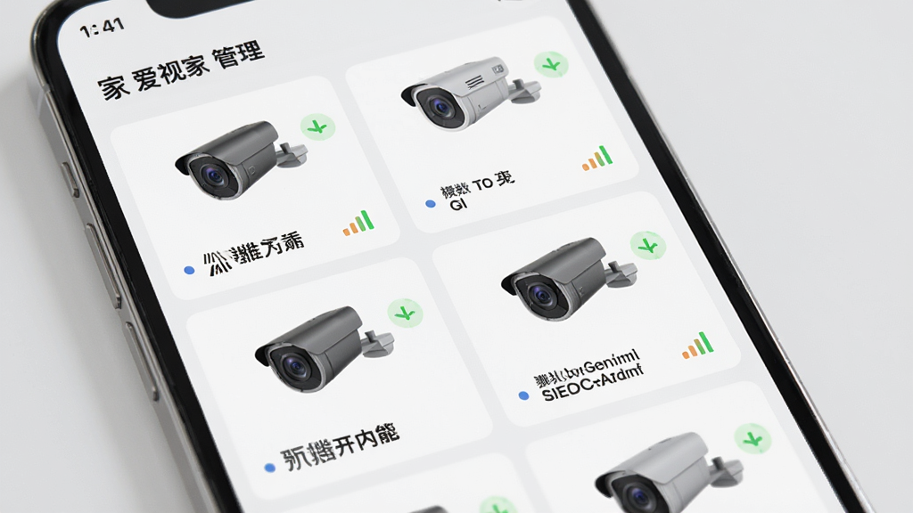 一张展示爱视家设备管理功能的图片,主体为手机界面列出多个摄像机,布局整齐,每个设备有状态指示灯,风格简洁现代,细节包括设备名称和信号强度,画质明亮干净