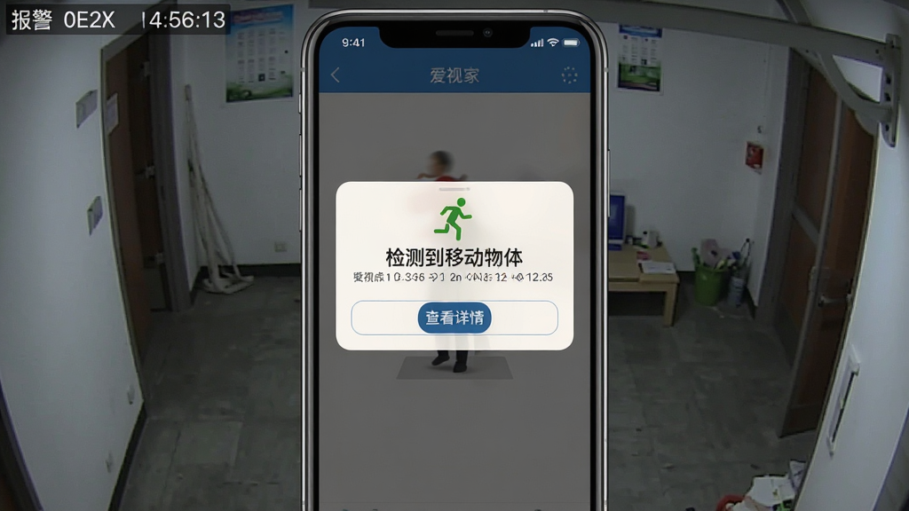 爱视家报警通知截图,主体为手机弹窗显示“检测到移动物体”,布局居中,背景为监控画面,风格写实,细节包括时间戳和“查看详情”按钮,画质干净清晰无多余元素