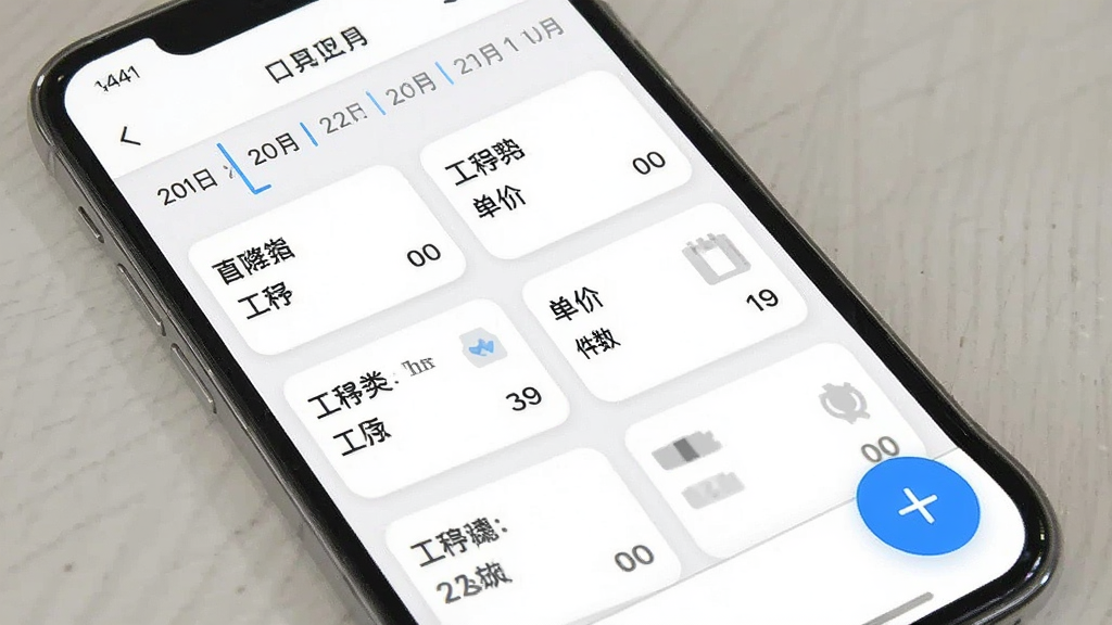 一张手机截图展示随手计件app的首页列表,上面有日期导航和多个工序卡片,每个卡片清晰显示工序名称、单价和件数,右下角有醒目的蓝色加号按钮,整体布局简洁清爽,浅色背景,扁平化设计风格,画质清晰,无多余元素