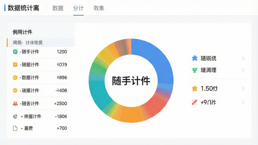 一张数据统计界面设计图,中央是一个彩色环形饼图,旁边配有用例列表和数字,背景为白色,整体简洁明亮,文字标注“随手计件”字样,采用现代商务风格,排版整齐,画质干净,无多余元素