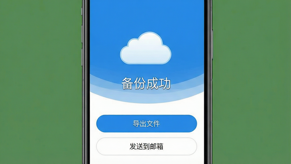 一张手机安全备份界面示意图,界面中央有云朵图案和“备份成功”字样,下方有“导出文件”、“发送到邮箱”等按钮,整体色调为蓝色与白色,风格简洁现代,画质干净,文字清晰,无多余元素