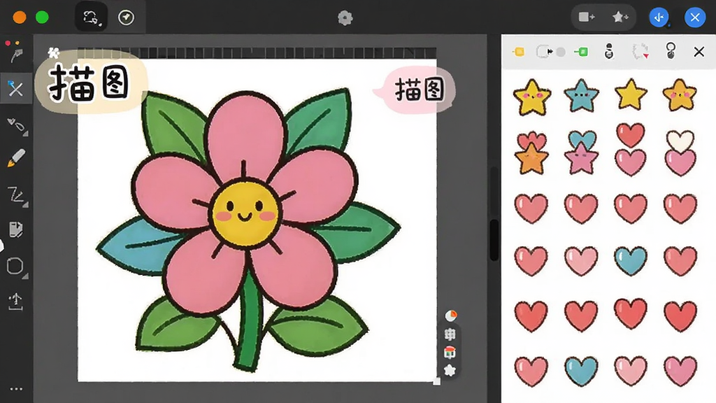 ��ͼ�����༭���棬��������һ����ɫ��ɵĻ�����Ʒ���Ա�����ֽ�زĿ⣬�������ǡ����ĵ�Ԫ�أ������࣬���ɰ����������������ֱ�ע����ͼ��