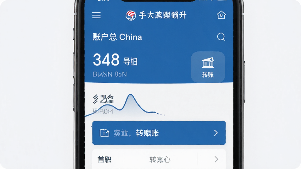 Bank of China 手机银行应用界面展示,主体为智能手机屏幕,显示账户总览与转账功能,布局清晰,排版简洁,采用蓝色品牌色调,风格现代商务,细节包括余额数字与菜单图标,画质高清干净,无多余元素