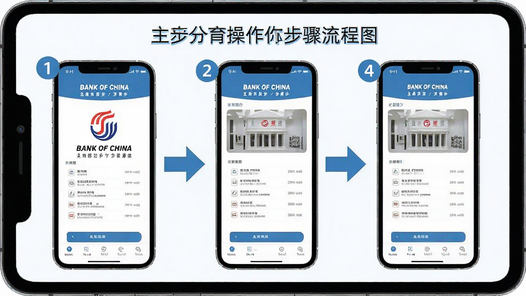Bank of China 操作步骤流程图,主体为手机界面分步演示,采用箭头指示顺序,布局从左到右,排版逻辑清晰,风格教育性,细节有数字标号,画质干净,无多余元素