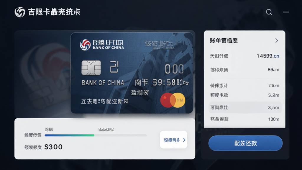 Bank of China 信用卡管理界面,主体为信用卡卡片图形与账单摘要,布局居中展示,排版大气,风格高端,细节包含额度进度条与还款按钮,画质精细,无多余元素