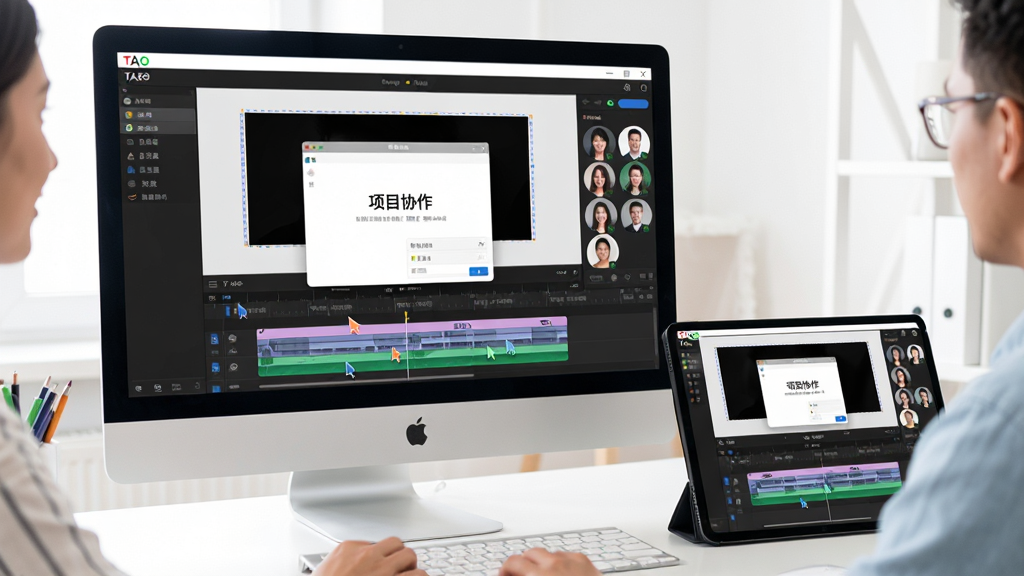 展示多人同时在线编辑视频素材的场景,电脑与平板屏幕上显示TAO软件界面,界面中有“项目协作”弹窗,成员头像排列在右侧,时间轴被多人光标标记,整体风格明亮现代,干净无多余元素