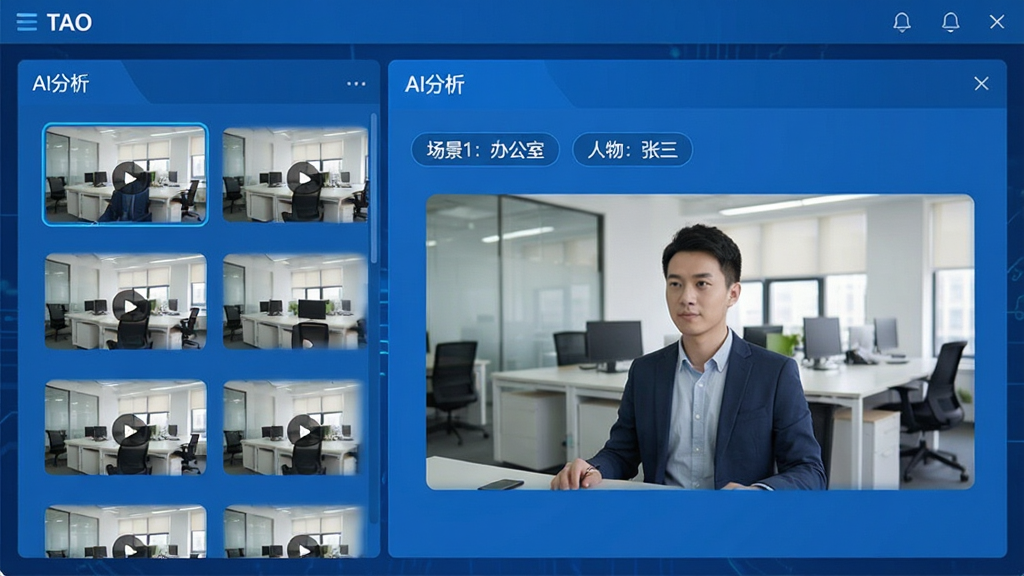 TAO软件主界面展示“AI分析”面板,左侧是视频缩略图列表,右侧显示“场景1:办公室”、“人物:张三”等标签,界面整洁,蓝色主题色,科技感强,干净无多余元素