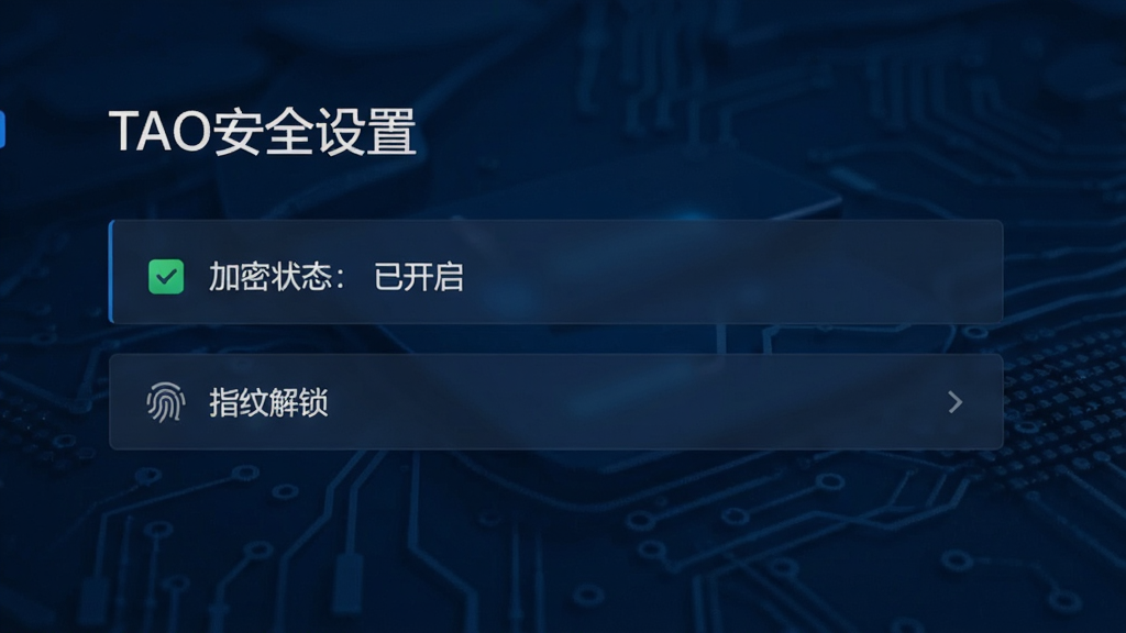 TAO安全设置页面,显示“加密状态:已开启”、“指纹解锁”等选项,背景为深蓝色科技纹理,界面简洁清晰,干净无多余元素