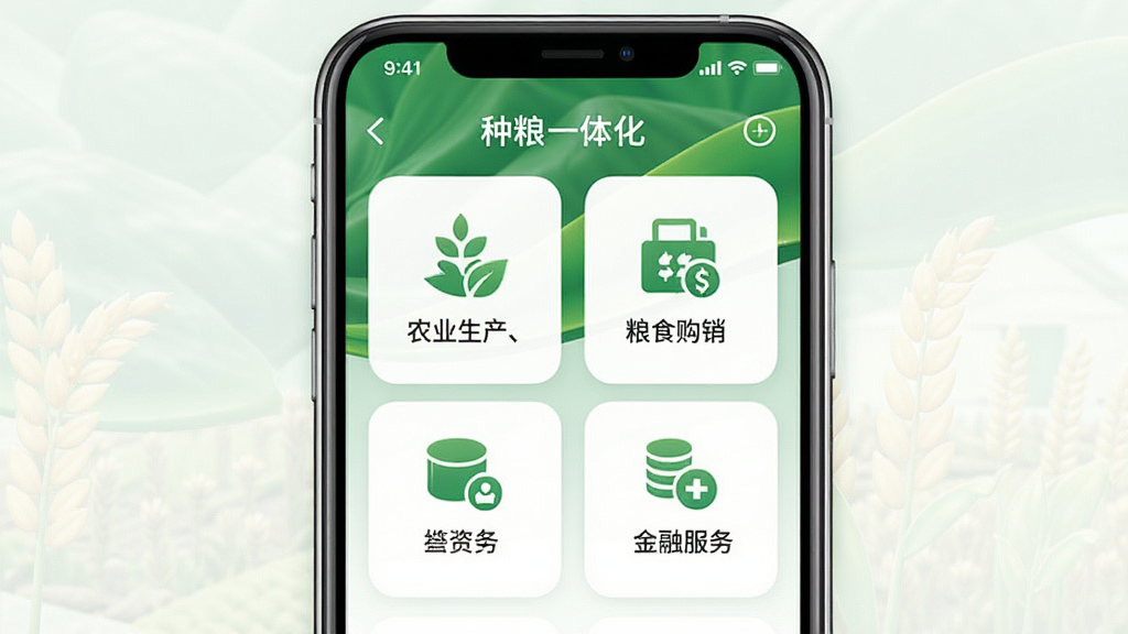 种粮一体化App主界面展示,手机屏幕显示“农业生产、粮食购销、金融服务”等模块图标,布局清晰,绿色农业风格,高画质,干净无多余元素