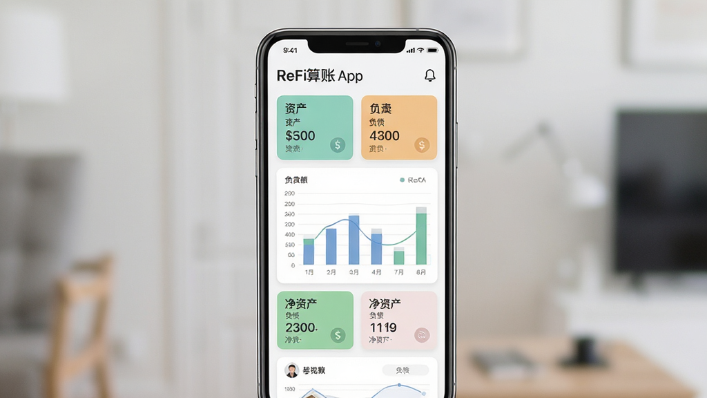 ReFi算账App界面展示,主体为手机屏幕中家庭资产负债表图表,布局居中,排版简洁,风格现代扁平,细节包含资产、负债、净资产数据卡片,画质高清干净,无多余元素