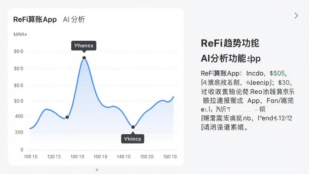 ReFi算账App的AI分析功能截图,主体为折线图展示收支趋势,布局左侧图表右侧文字说明,排版清晰,风格商务简约,细节标注峰值与低谷,画质锐利干净,无杂乱元素
