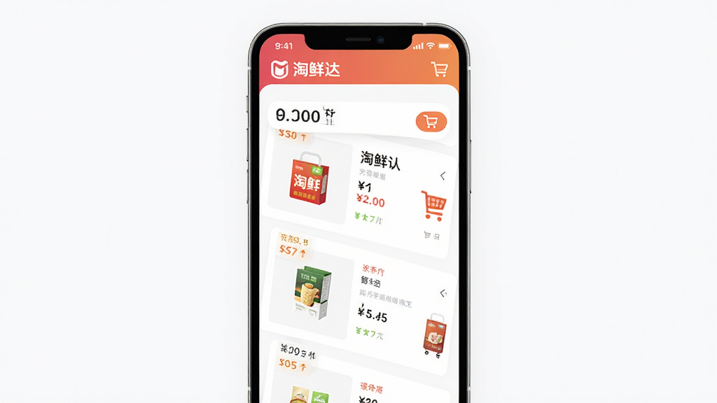 淘鲜达软件界面展示,主体为手机屏幕显示商品列表,布局居中,排版清晰,风格简约现代,细节包括价格标签和购物车图标,画质高清,干净无多余元素