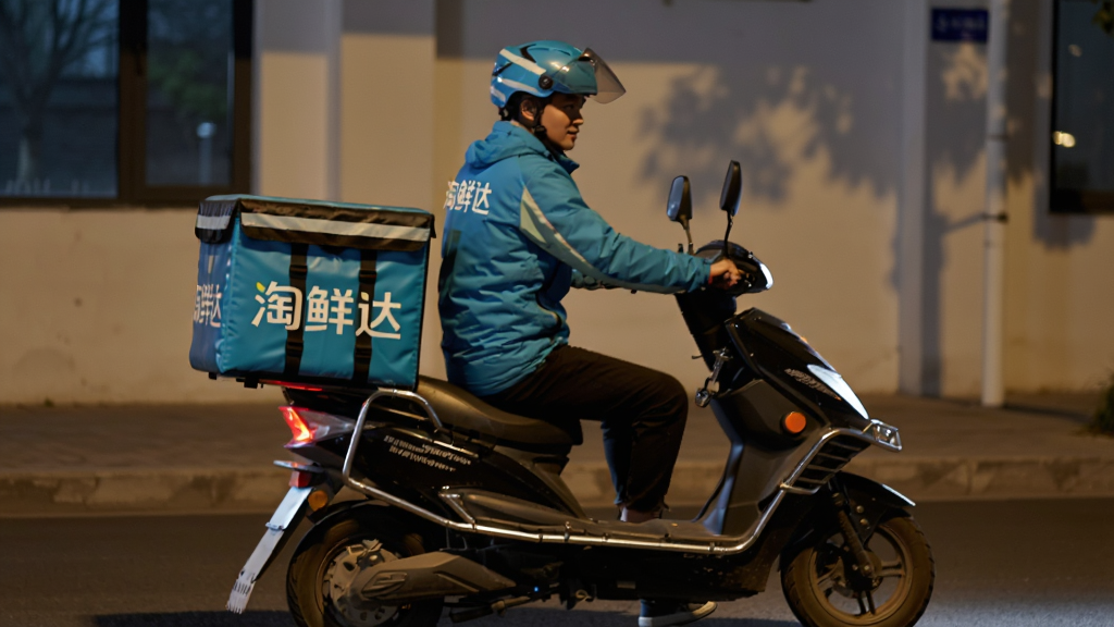 淘鲜达配送员夜间送货场景,主体为骑手电动车,布局前景,排版简洁,风格写实,细节有“淘鲜达”字样保温箱,画质清晰,干净无多余背景