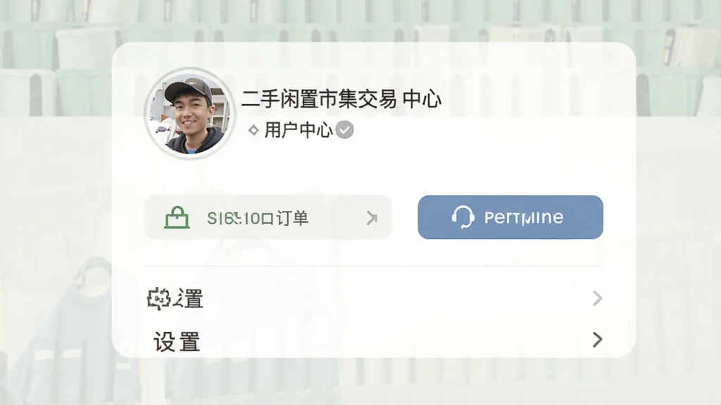 二手闲置市集交易个人中心界面,包含用户头像、订单入口、客服按钮、设置选项,布局简洁,图标清晰,风格统一,画质干净,无多余元素