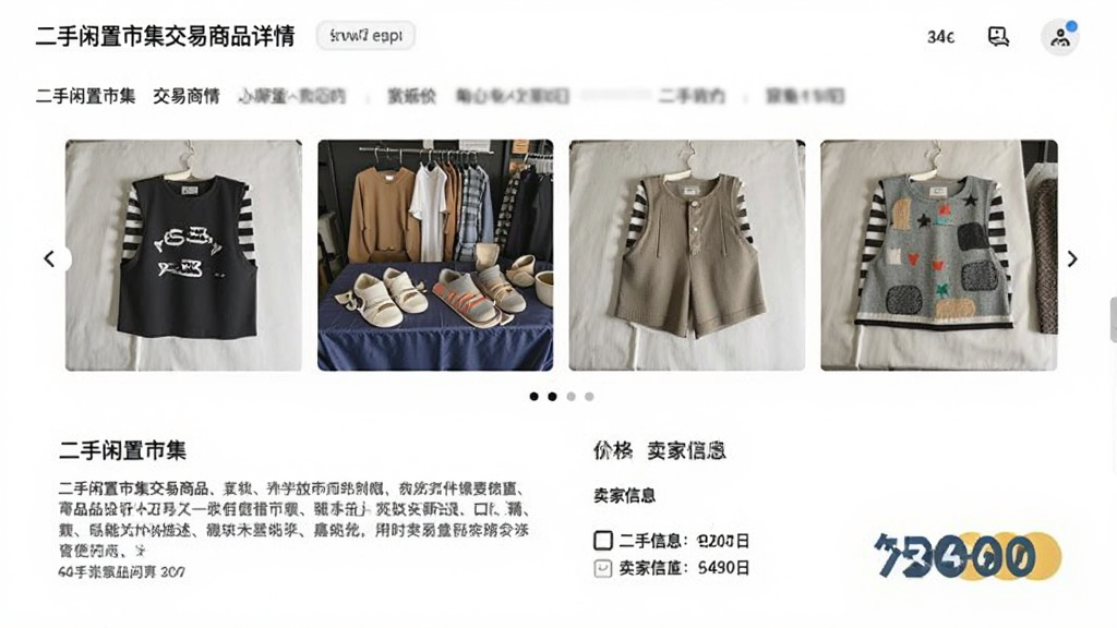 二手闲置市集交易商品详情页,多张商品实拍图轮播展示,下方有详细描述和卖家信息,价格醒目,页面信息层次分明,风格干净,画质清晰,无多余元素