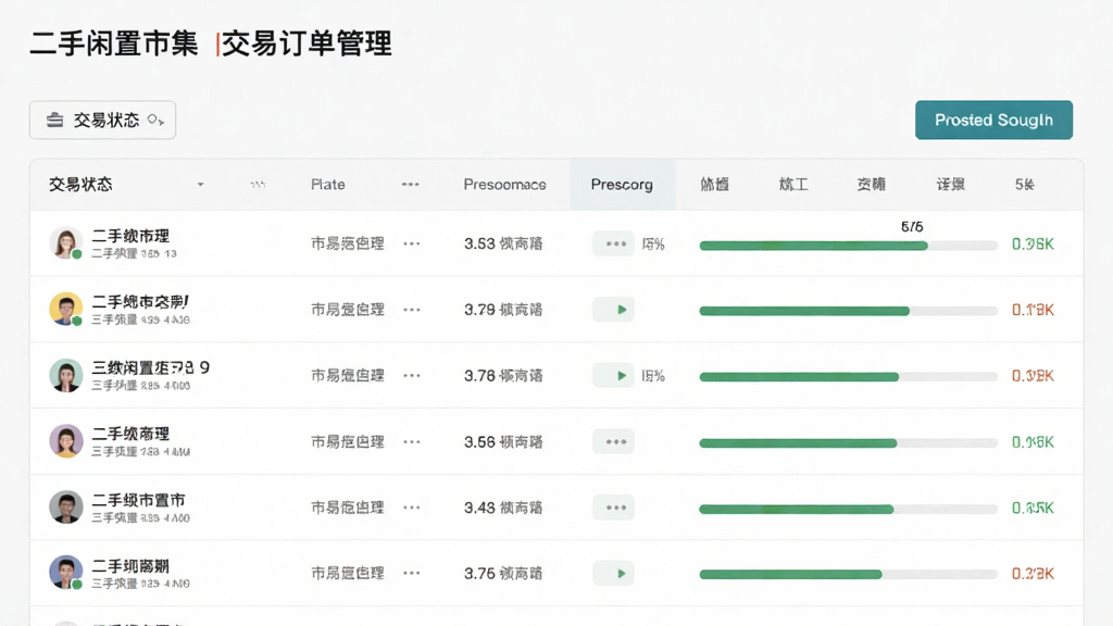二手闲置市集交易订单管理页面,列表清晰展示各种交易状态,有进度条指示,界面简洁,功能分区明确,画质干净,无多余元素