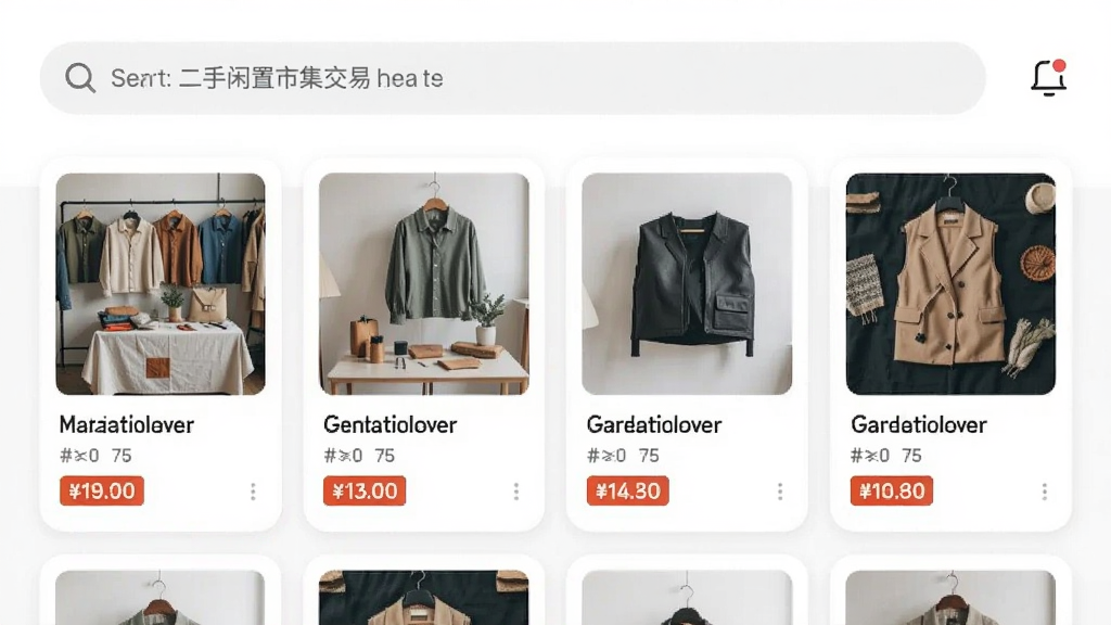 二手闲置市集交易应用首页界面,展示商品列表,顶部有搜索栏,布局清爽,采用卡片式设计,商品图片清晰,价格标签醒目,整体风格简洁明快,画质干净,无多余元素