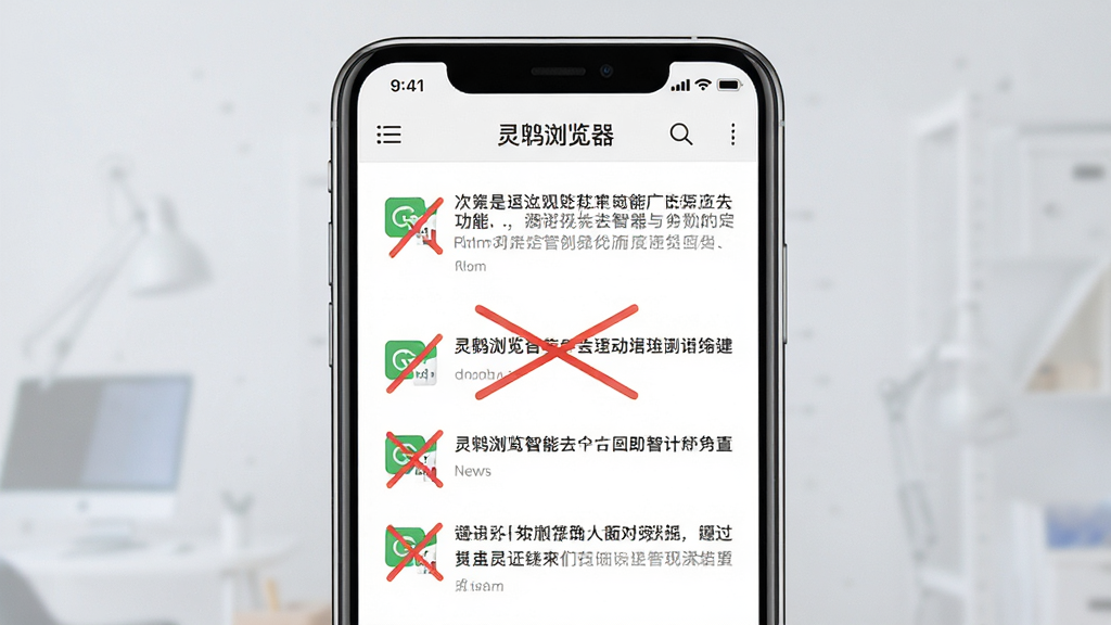 灵鹊浏览器智能去广告功能界面,主体为手机屏幕展示纯净无广告的新闻文章页,布局居中,排版简洁,风格扁平化,细节包含被划掉的广告图标,画质高清,干净,无多余元素