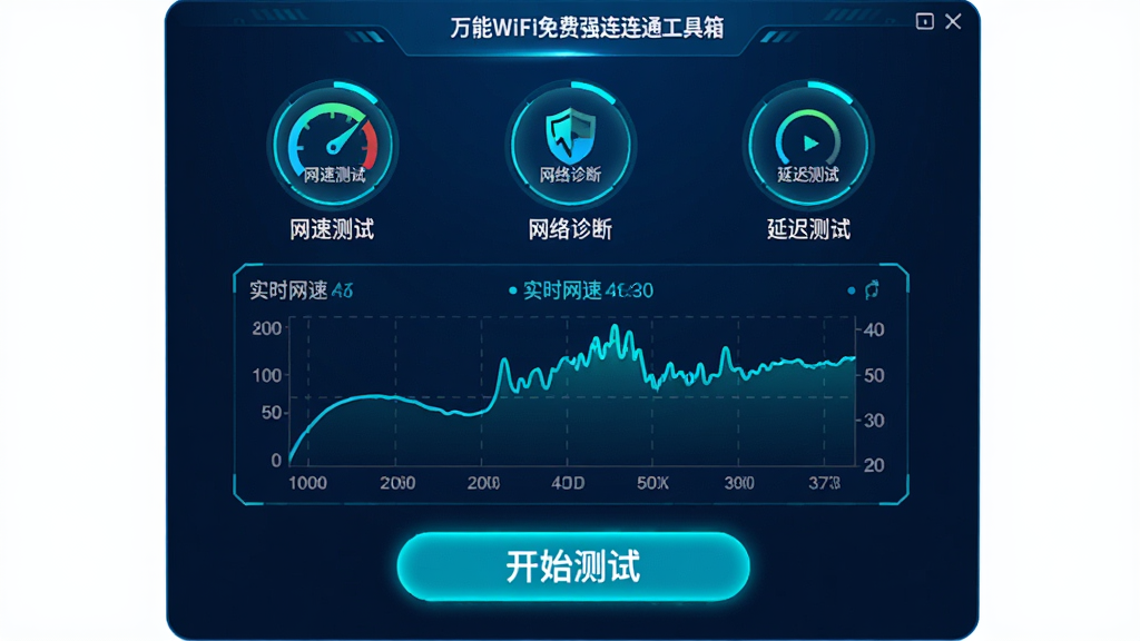 չʾ����WiFi���ǿ��ͨ��������棬��Ļ�ϲ�������Բ�ΰ�ťͼ�꣬�ֱ��ע�����ٲ��ԡ�����������ϡ������ӳٲ��ԡ����м�������ʾʵʱ��������ͼ���ײ��С���ʼ���ԡ�����Ŀ��ť��������Ƽ���ǿ������ɫ������������ɫ���ݣ�����ɾ����࣬ϸ�ڷḻ�����������ɼ������ʸ���