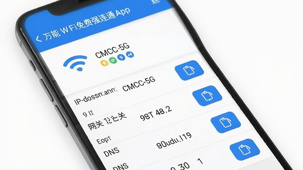�ֻ���Ļ��ʾ����WiFi���ǿ��ͨApp���棬��������չʾ��ǰWiFi�źŵ�ǿ��ͼ�ꡢ�������ơ�CMCC-5G�����·��б���ϸ����IP��ַ�����ء�DNS�Ȳ�����ÿһ������Զ���һ�����Եĸ��ư�ť������UI��Ƽ���ִ���������ɫ����ƽ����񣬻��������ɾ��޶���Ԫ��