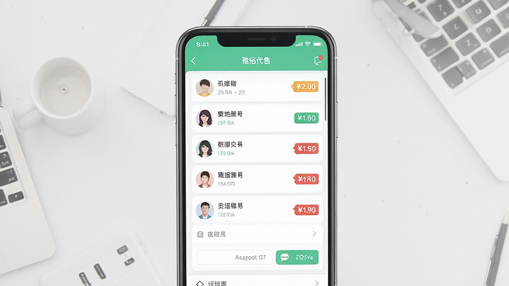 雅俗代售APP界面展示,主体为手机屏幕显示交易页面,布局居中,风格简洁现代,细节包括账号列表、价格标签,画质高清干净,无多余元素