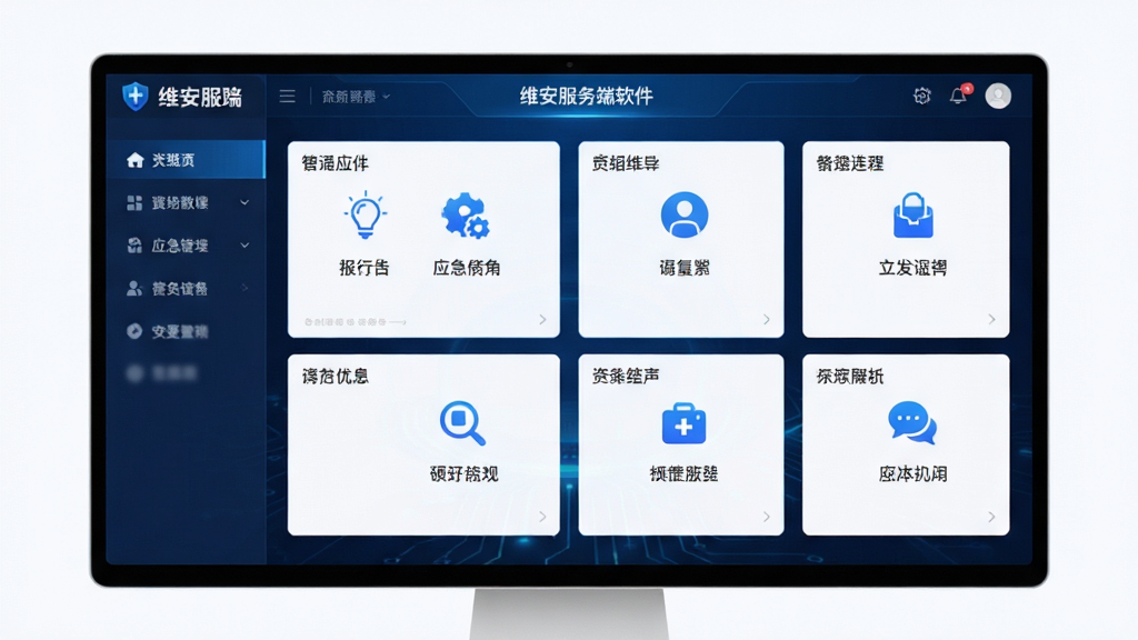 维安服务端软件主界面,展示清晰的应急功能模块布局,现代简约的UI设计风格,蓝色科技感色调,界面干净整洁,图标精致,画质高清流畅,无多余元素