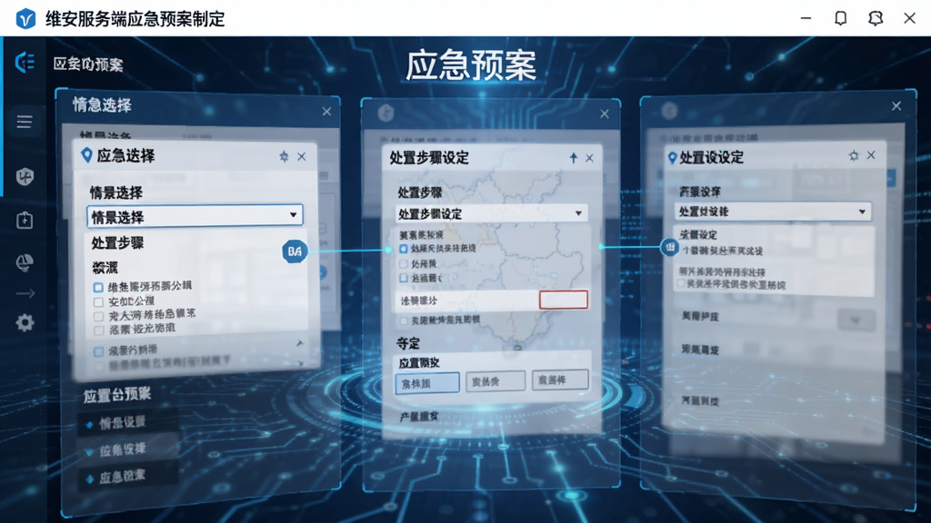 维安服务端应急预案制定界面截图,展示后台编辑预案的流程,包括情景选择、处置步骤设定,画面专业严谨,科技感背景,布局清晰,文字标识“应急预案”,画质清晰,无多余元素