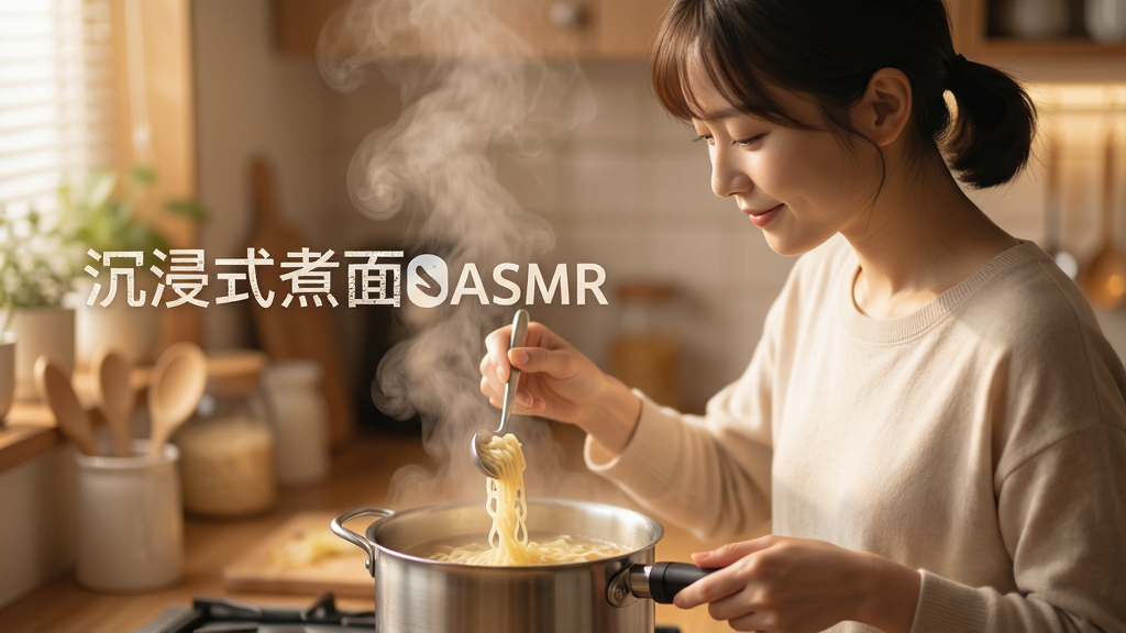 轻氧睡眠App沉浸式ASMR播放页面,画面中一位主播正在温柔地煮面,布局以人物为主体,背景虚化,排版简洁,风格温馨治愈,细节包括蒸汽升腾和柔光效果,画质细腻,干净,无多余元素,文字标注“沉浸式煮面ASMR”