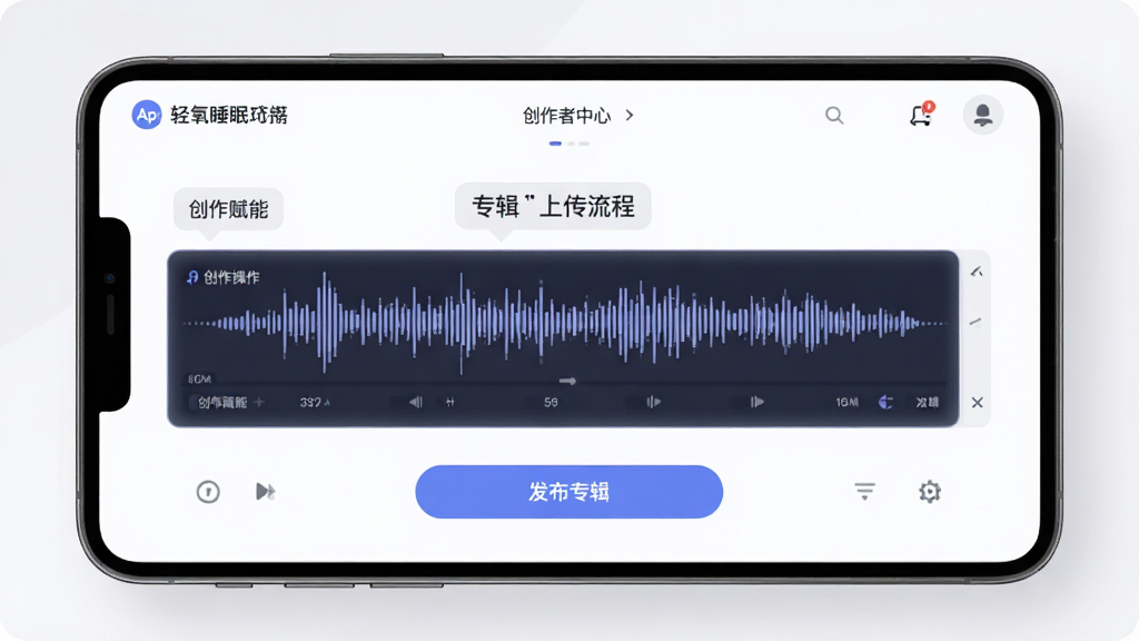 轻氧睡眠App创作者中心页面,展示专辑上传流程,主体为创作者操作界面,布局清晰,排版有序,风格专业简洁,细节包括音频波形和发布按钮,画质干净,无多余元素,文字标注“创作赋能”和“发布专辑”