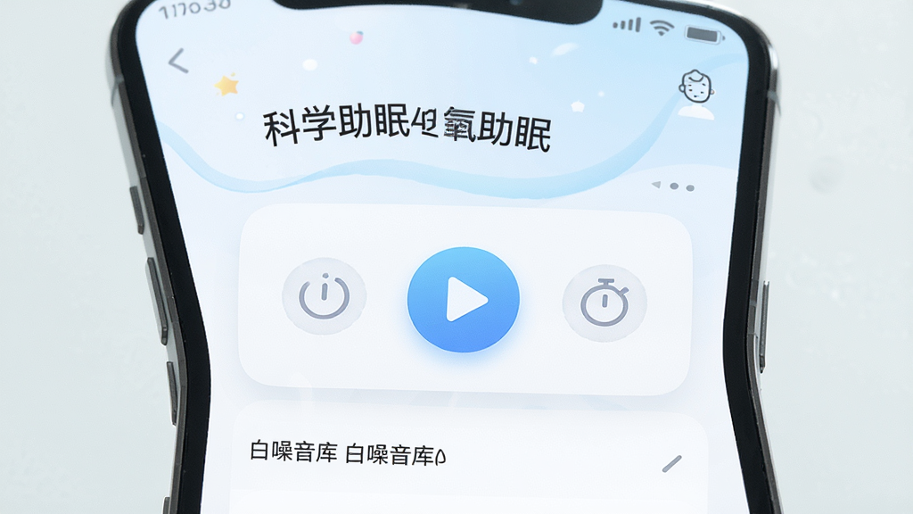 轻氧睡眠App科学助眠界面,展示白噪音列表,主体为手机屏幕特写,布局清晰,排版简洁,风格现代清新,细节包括播放按钮和定时图标,画质高清,干净,无多余元素,文字标注“科学助眠”和“白噪音库”