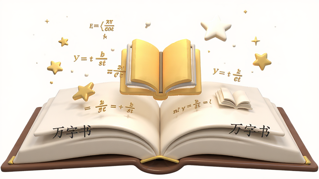 主体:打开的书本上方浮现金色书籍图标和公式,布局:中心对称,排版:书页展开,周围有星星点缀,风格:3D渲染,细节:书面写着“万字书”,画质:高分辨率,干净,无多余元素