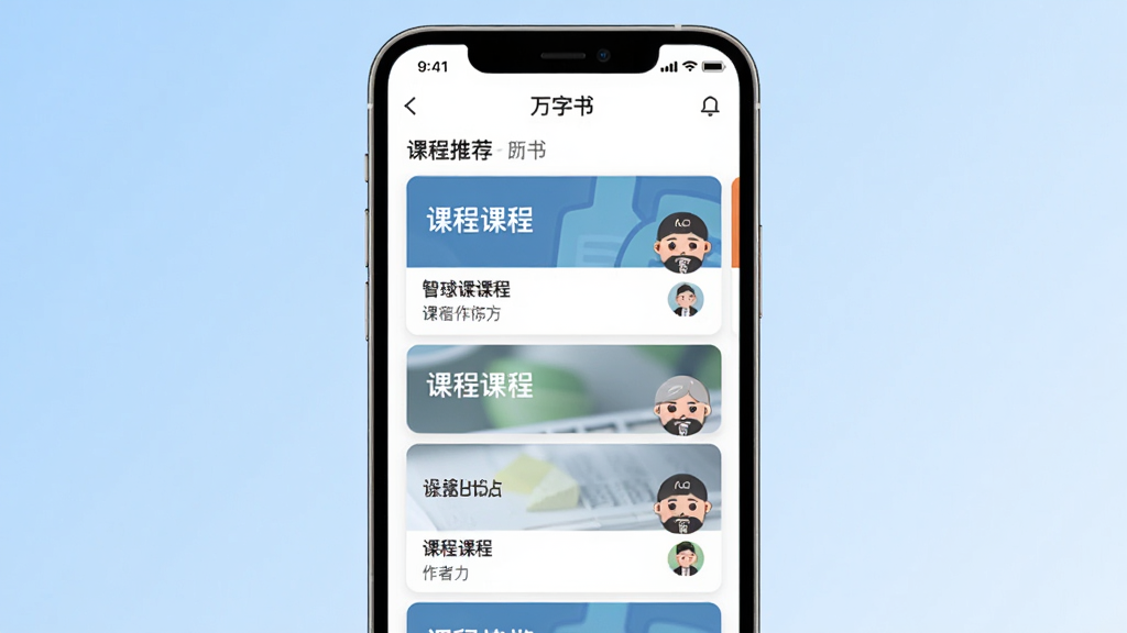 主体:手机屏幕展示万字书APP首页,画面中央有课程推荐列表,布局:手机居中,背景为浅蓝色渐变,排版:课程卡片整齐排列,风格:扁平化现代,细节:卡片上有课程名称和作者头像,画质:高清,干净,无多余元素