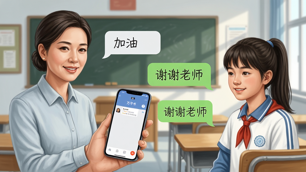 主体:师生在教室场景中通过手机使用万字书聊天界面,布局:左边老师,右边学生,中间对话气泡,排版:上下结构,风格:写实插画,细节:气泡中显示“加油”和“谢谢老师”,画质:清晰,干净,无多余元素
