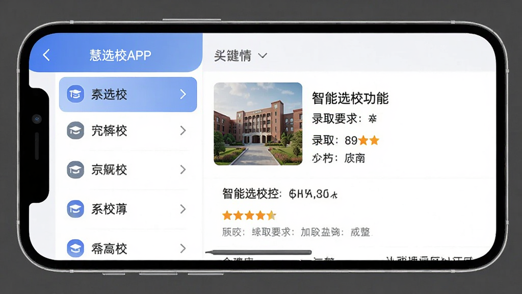 ��ѡУAPP�����ͼ��չʾ����ѡУ���ܣ�����Ϊ�ֻ����棬��������������б�չʾԺУ���Ҳ���ʾ���飬������ִ���ϸ�ڰ������ֺ�¼ȡҪ�󣬻��ʸ��壬�ɾ��޶���Ԫ��