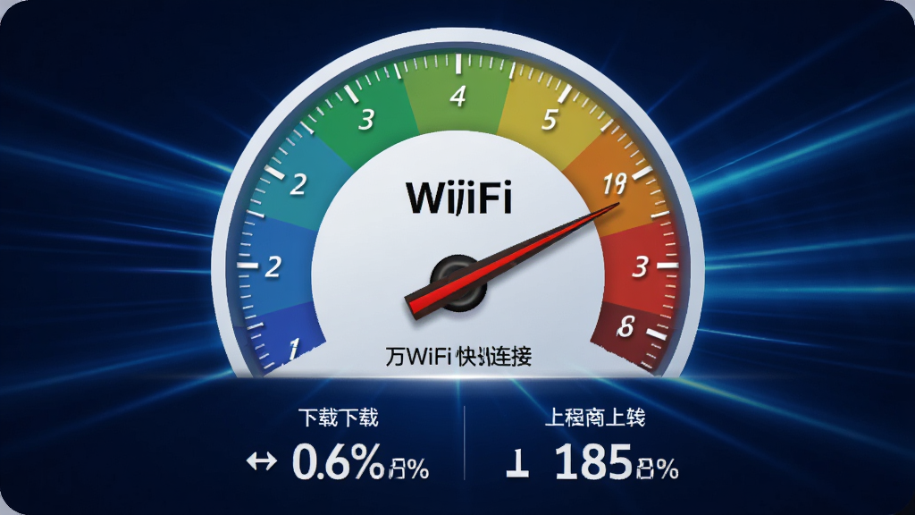 ����WiFi���������ٲ���ҳ�棬��Բ���ٶȱ�ָ��ָ����������·���ʾ���غ��ϴ��ٶ����ݣ�����Ϊ����ɫ���й�Ч����������������ϸ�壬������Ԫ��